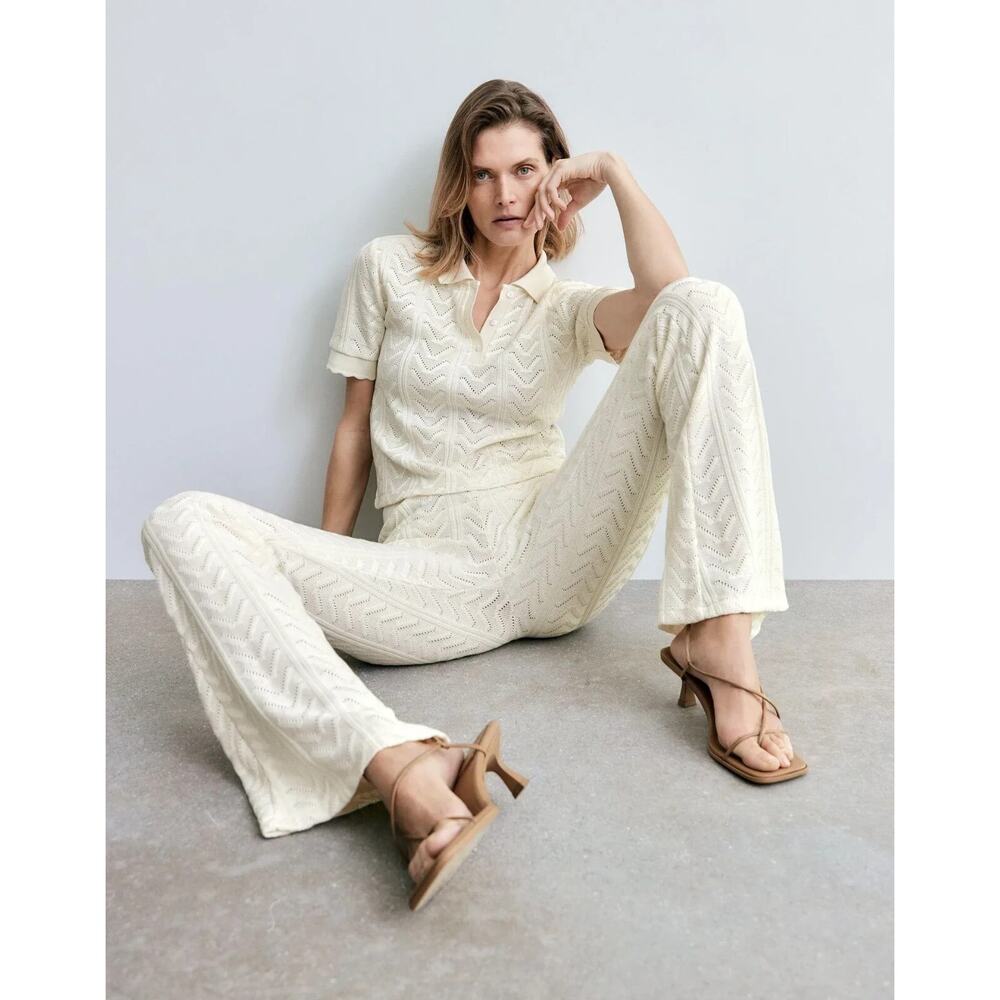 ZARA Cream Crochet Knit Flare Pants Woman M Chevron Textured Stretch Lounge Boho